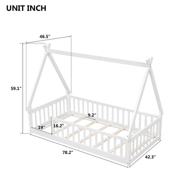Twin Size Tent-Shaped Floor Bed with Guardrails, Teepee Design for Kids, Low Platform Frame with Slats, Easy Assembly, White