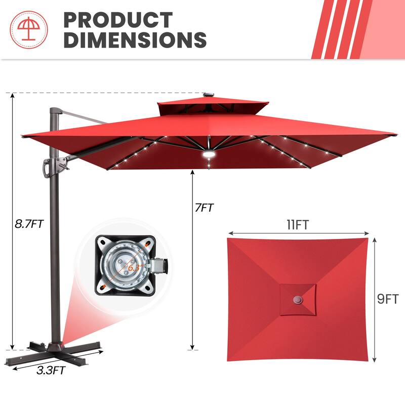 9 FT x 11 FT Outdoor Double Top LED Lighted Patio Cantilever Umbrella