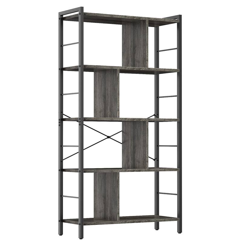 5 Tier Tall Modern Bookcase Wood Metal Frame Standing Book Shelf