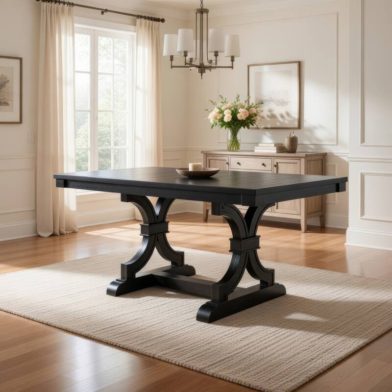 Luke Dining Table, 79 Inch Rectangular Top, Trestle Base, Black Wood