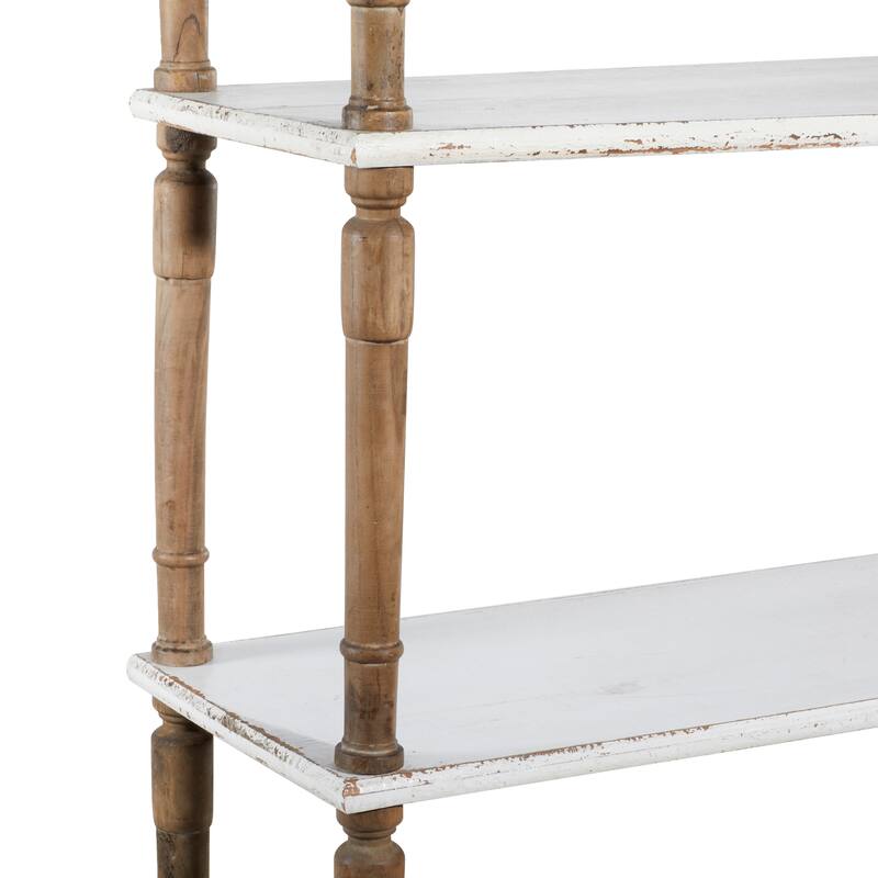 Wood Distressed Turned 5 Shelf Shelving Unit with Brown Spindle Sides and Ball Feet - White - Roche River Decor
