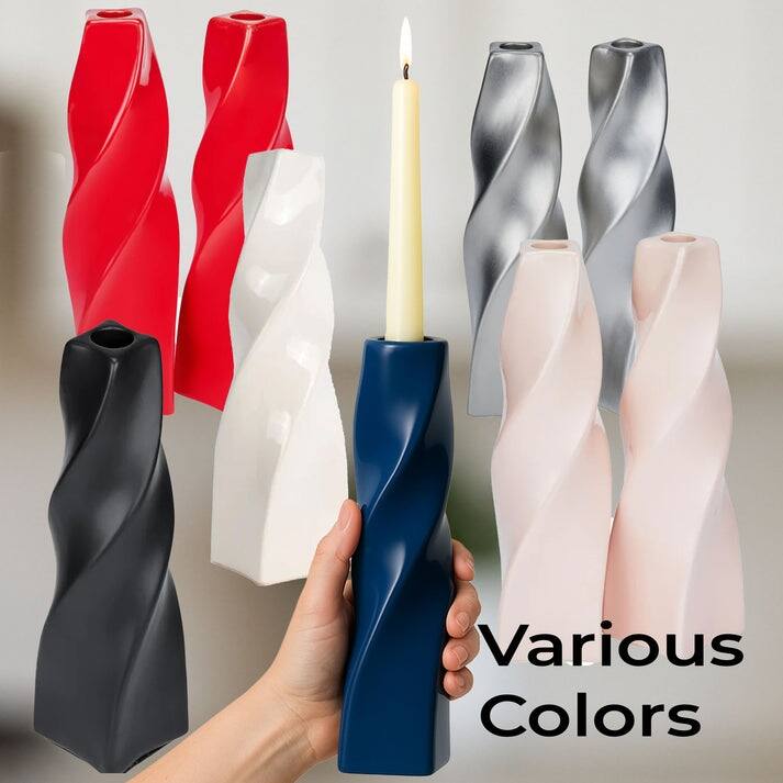 Red Tall Curvy Santa Fe Style Ceramic Candlesticks Set of Two