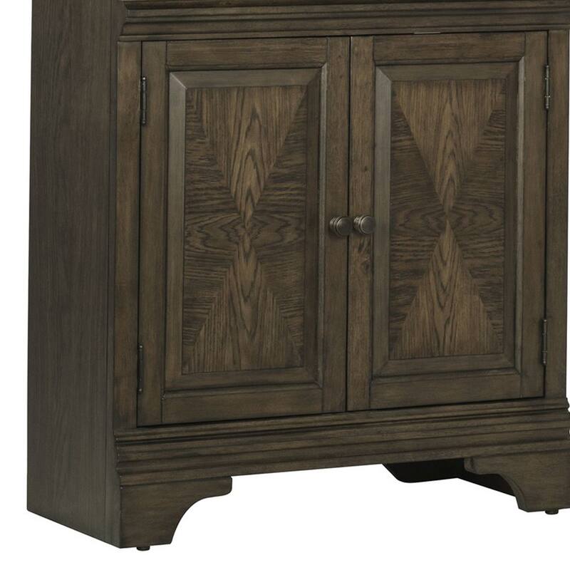 Tia 78 Inch Classic 3 Tier Rubberwood Bookcase, 2 Door Cabinet, Oak Brown