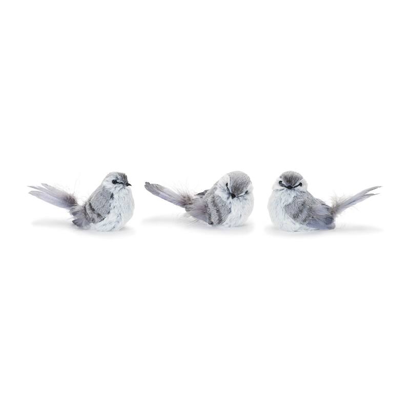 Grey Polyester Polyfoam Feathered Bird Shelf Sitters Set of 12 - 8” x 4” x 3.5” (L x W x H) - Grey