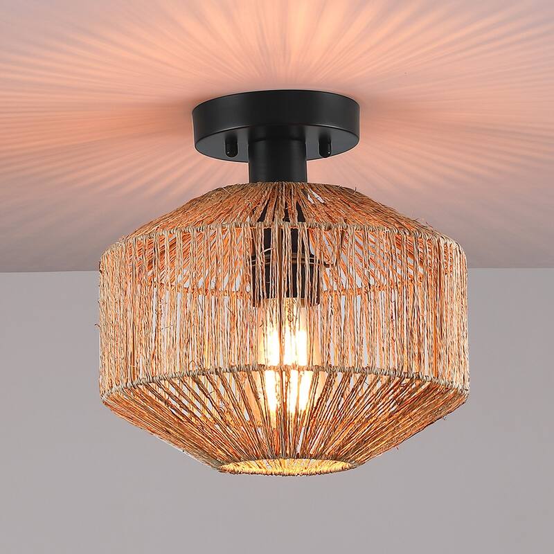 True Fine Bohemian Natural Jute Rope Semi Flush Mount Ceiling Light with Black Hardware