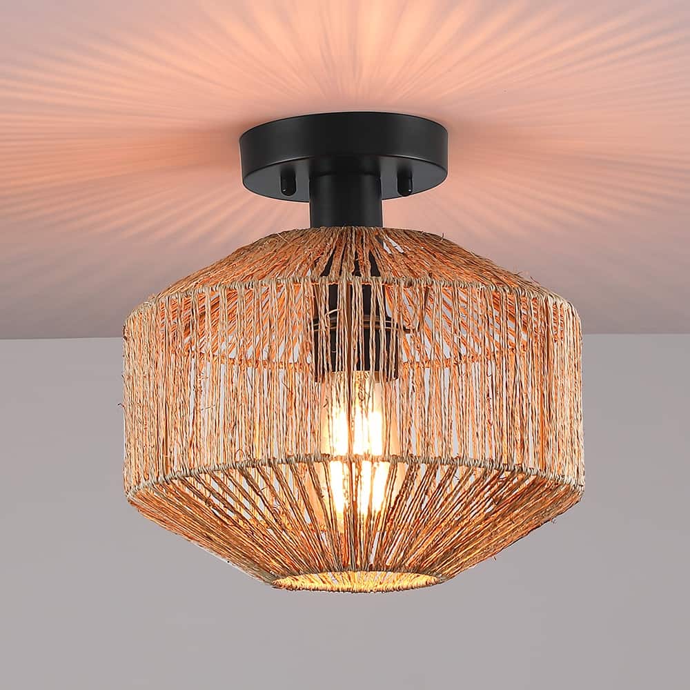 True Fine Bohemian Natural Jute Rope Semi Flush Mount Ceiling Light with Black Hardware