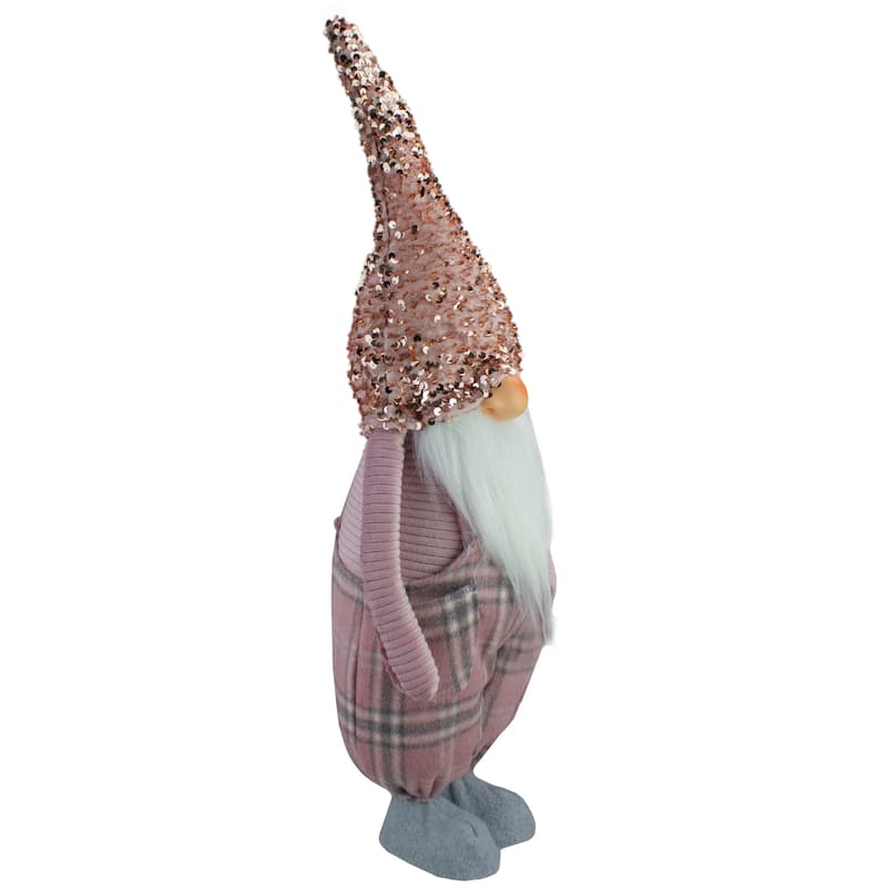 24" Pink and Gray Plaid Christmas Gnome with a Rose Gold Hat