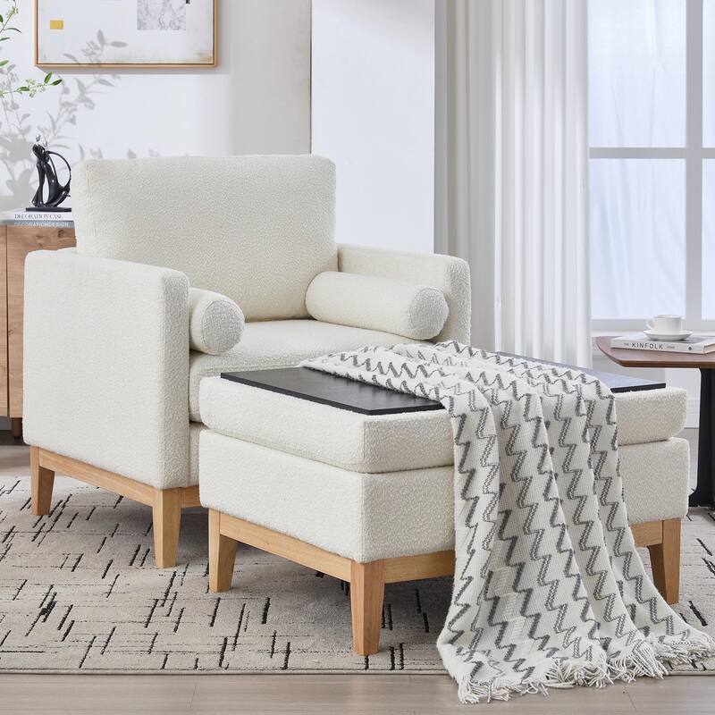 Boucle Armchair with Storage Ottoman - 300lb Capacity, Farmhouse Style