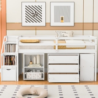 Solid Wood Loft Bed with Retractable Desk, Storage Stairs, Storage Drawers, and Shelves