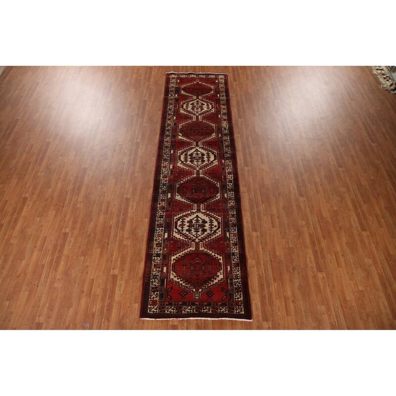 Geometric Ardebil Persian Vintage Runner Rug Handmade Red Wool Carpet - 3'9"x 13'10"