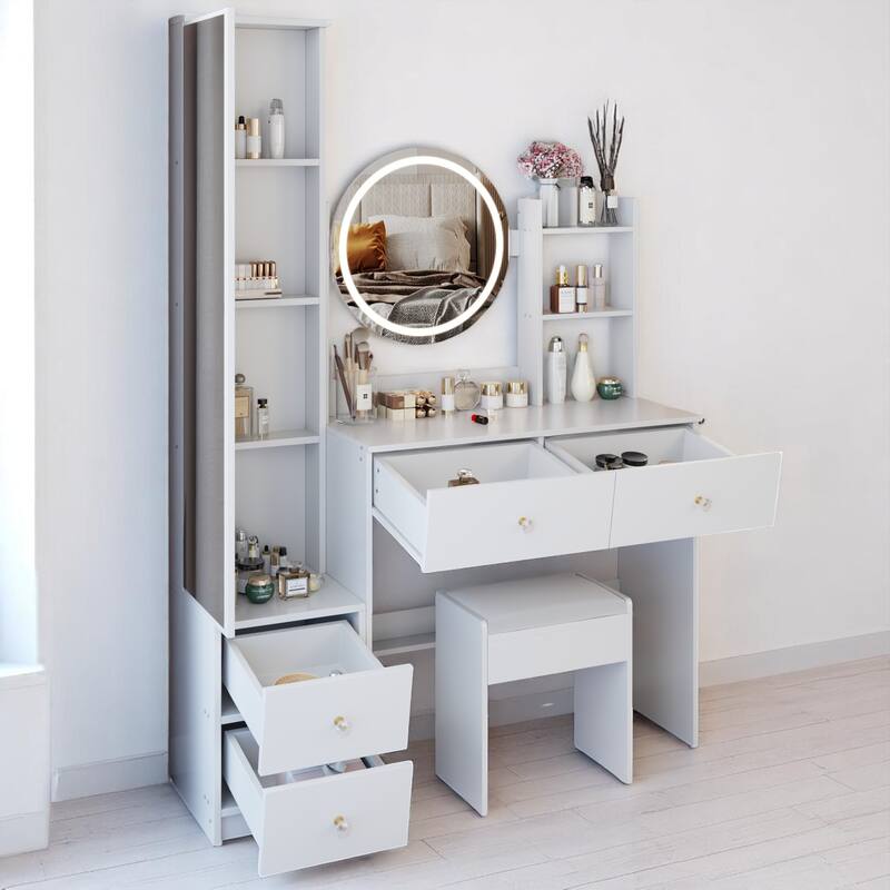 Makeup Vanity Set with Full Body Mirror Cabinet, 17" LED Mirror, Touch Control, Large Storage and Stool Included