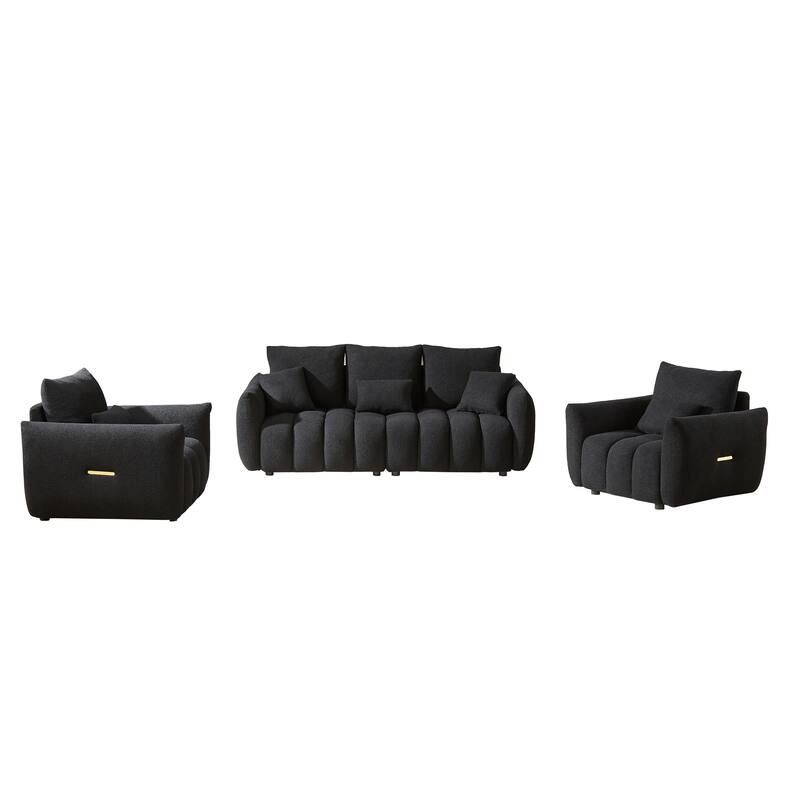 1+1+3 Seater Sofas Set of 3, Teddy Fabric Couches with Wooden Frame and Cushions, Armrests Side with Metal Strip Decorations
