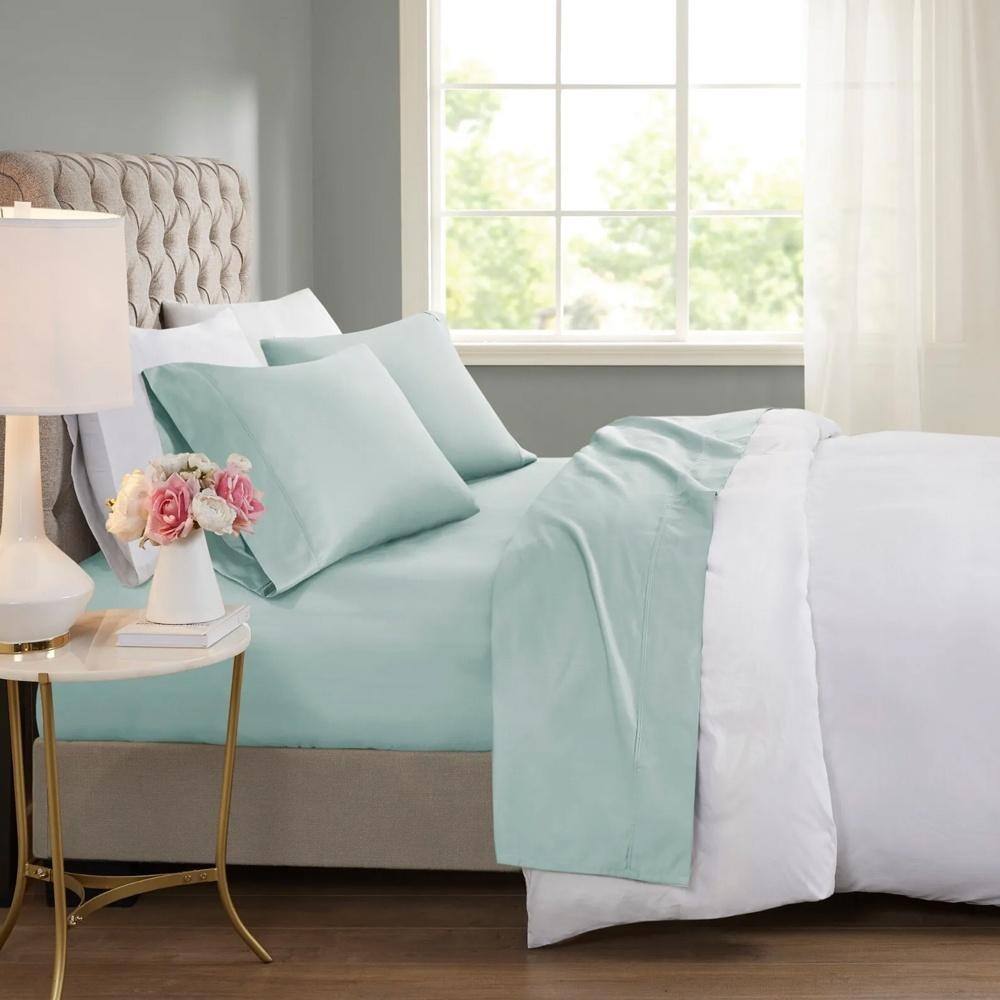 4pc Queen 600 Thread Count Cooling Cotton Blend Sheet Set Seafoam Bed