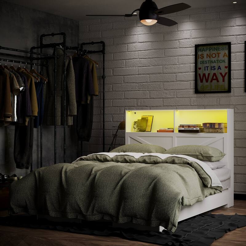Modern Platform Bed: Sturdy Metal Frame,Barn Door Headboard with Lighting, Built - in Socket & Storage Space