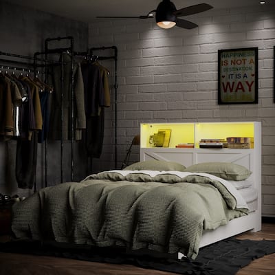 Modern Platform Bed: Sturdy Metal Frame,Barn Door Headboard with Lighting, Built - in Socket & Storage Space