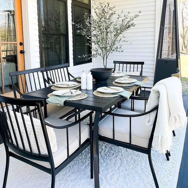 slide 2 of 40, MAISON ARTS 7-Piece Patio Dining Set Steel Panel Table & 6 Dining Arm Chairs