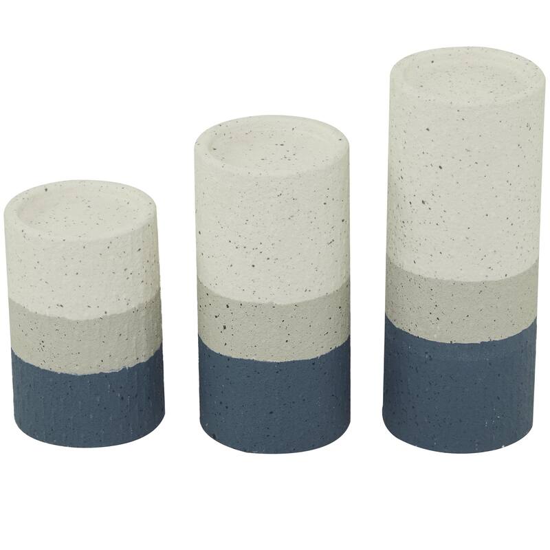 White or Blue Metal Striped Pillar Decorative Candle Holder (Set of 3)