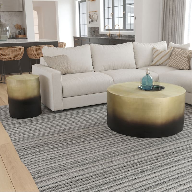 Dyan Coffee Table, 34.5 Inch Round Drum Shape, Black, Gold Antique Brass Ombre