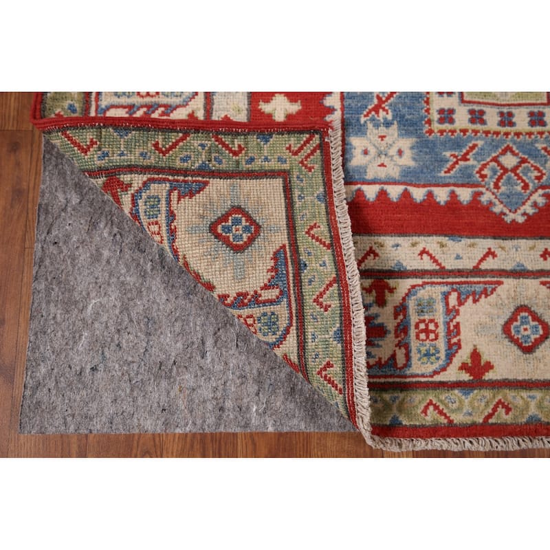 Geometric Red Kazak Runner Rug Hand-Knotted Hallway Wool Carpet - 3'11" x 13'4"
