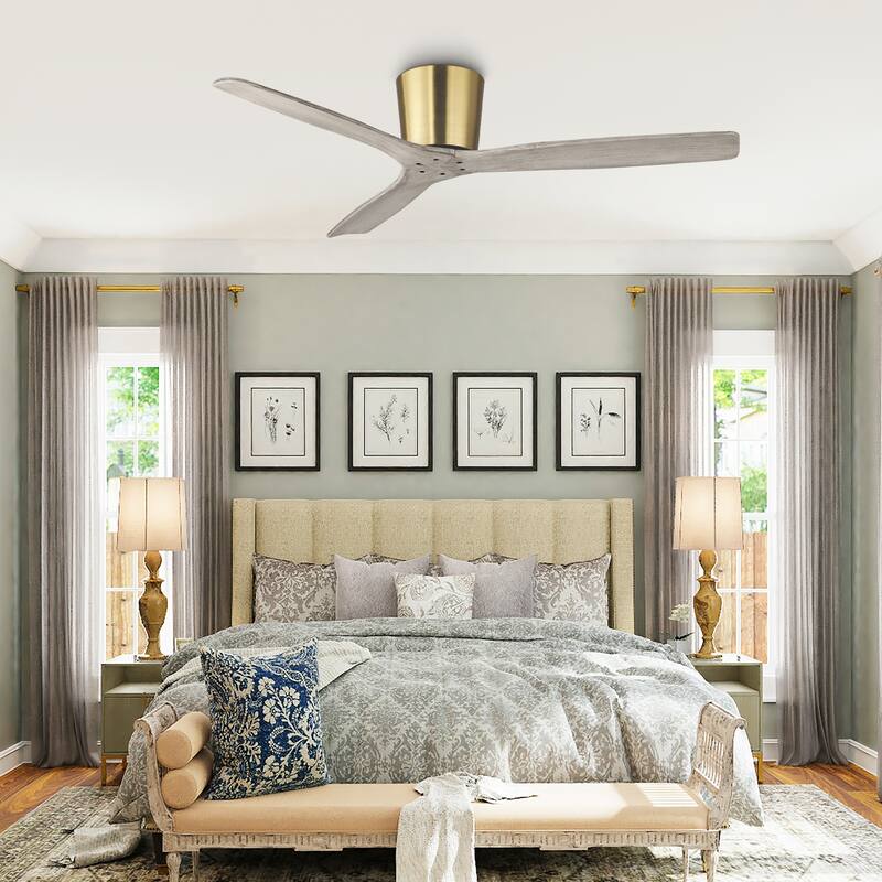 54" Modern Minimalist Weathered Solid Wood Gold Flush Mount Ceiling Fan with Remote and 6-Speed DC Motor