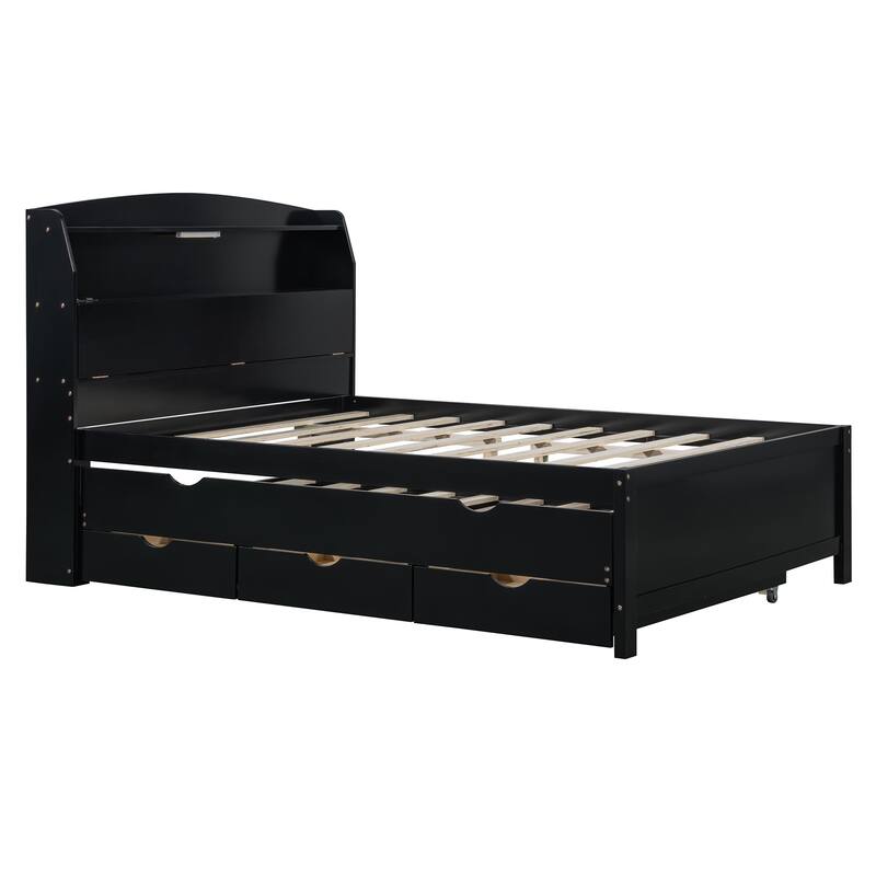 Full Platform Bed with Pull-Out Trundle, LED Headboard Lighting, USB Charging Ports, Flip-Up Storage, and Under-Bed Drawers