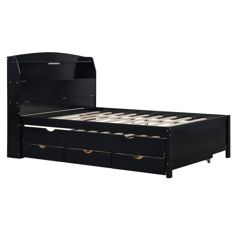 Full Size Platform Bed with Bookcase Headboard & USB Ports Outlets, Wooden Storage LED Bed Frame with Trundle & Storage Drawers