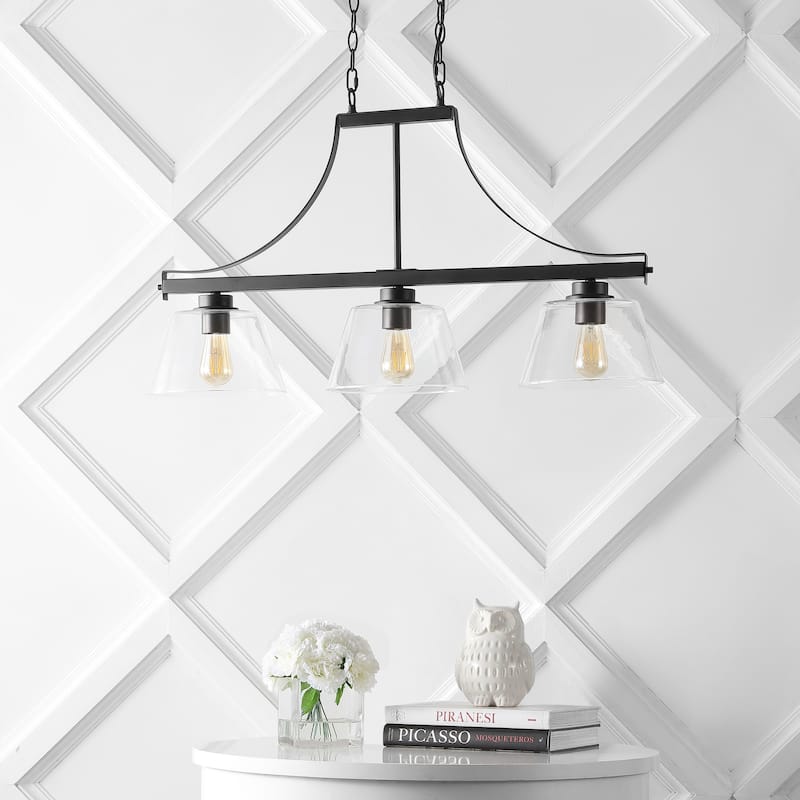 Caleb 36" 3-Light Industrial Farmhouse Iron/Glass Linear LED Pendant, Oil Rubbed Bronze/Clear by JONATHAN Y - 3 Light