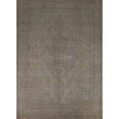 Beige Tabriz Persian Vintage Rug Handmade Floral Wool Carpet - 9'7" x 12'3"