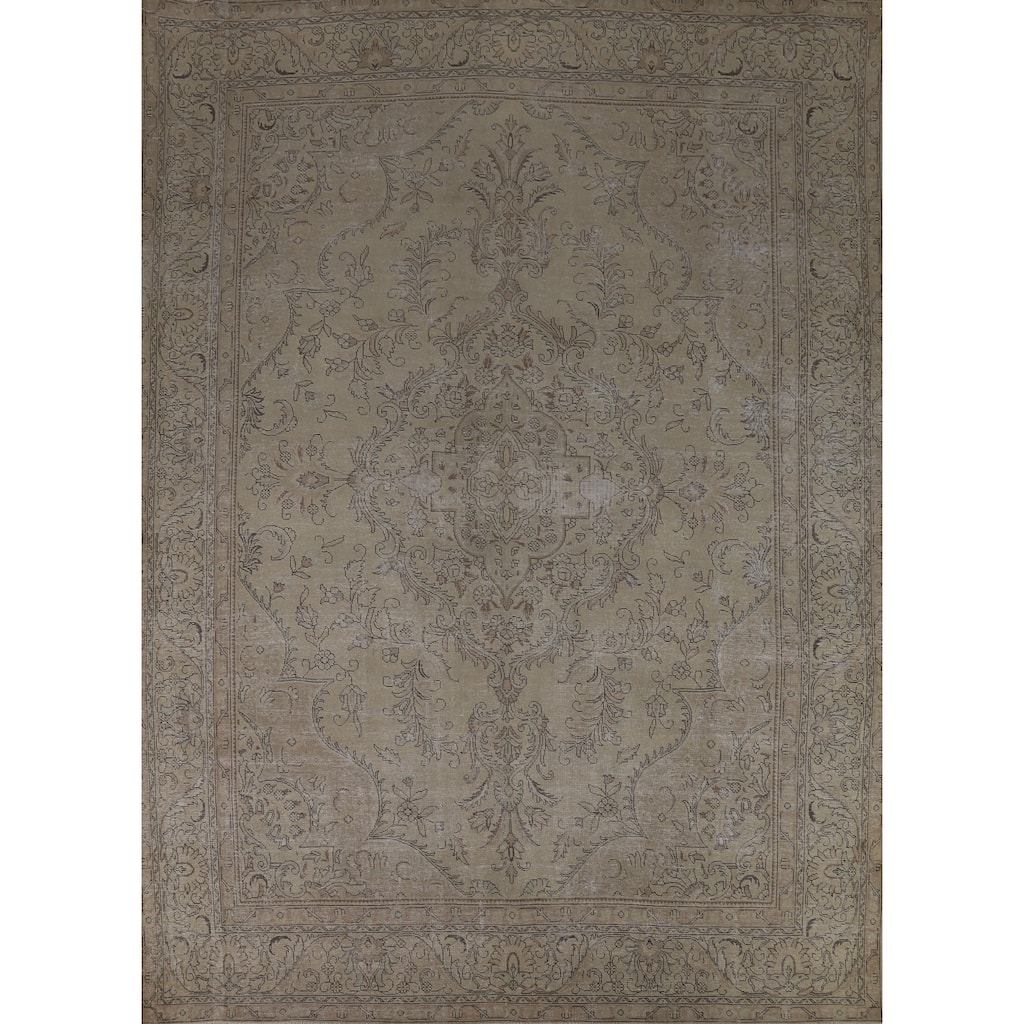 Beige Tabriz Persian Vintage Rug Handmade Floral Wool Carpet - 9'7" x 12'3"