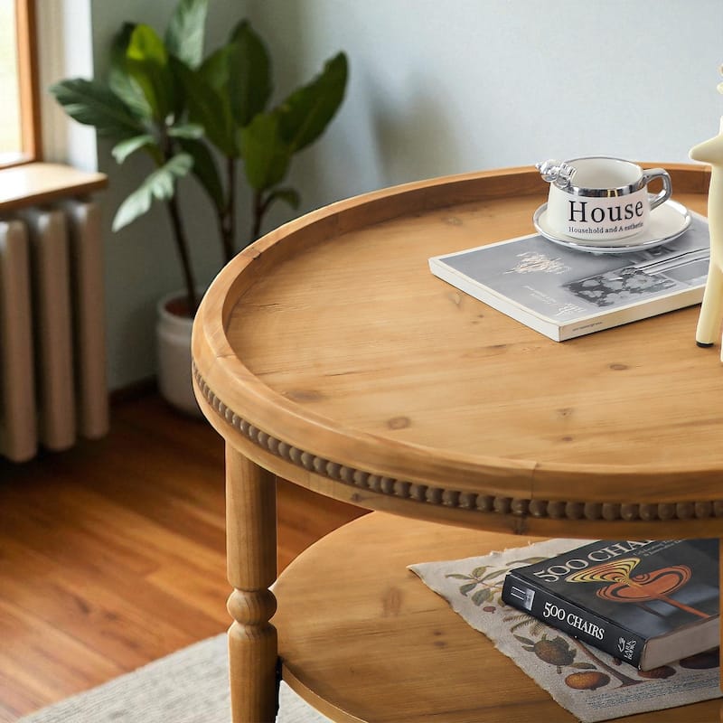 31.3" Round Boho Coffee Table - Rustic 2-Tier Wood Accent Table with Storage Shelf & Beaded Edge