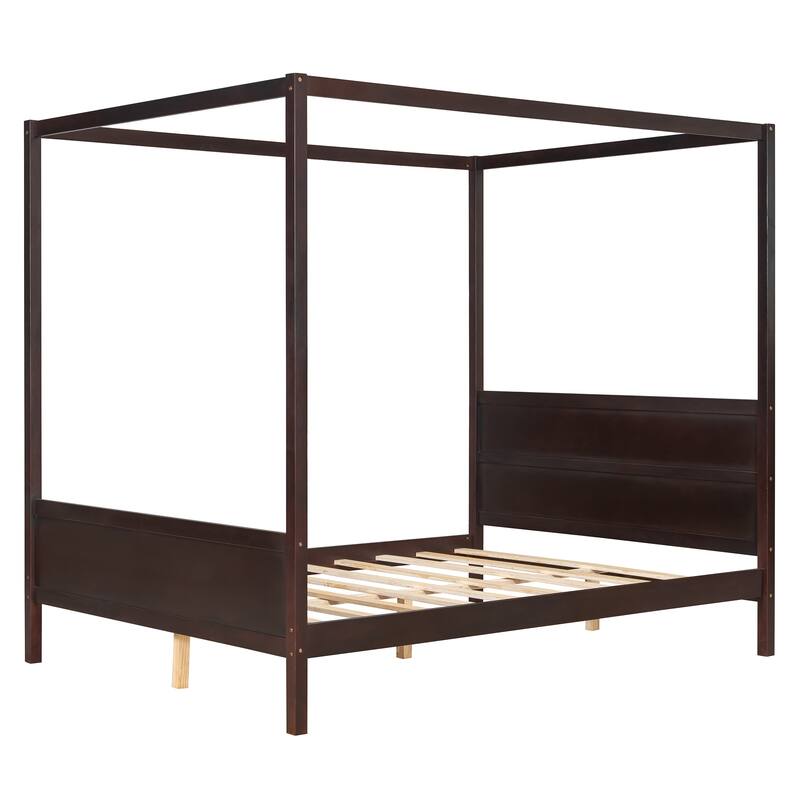 Queen Size Canopy Platform Bed with Headboard, Footboard, and Slat Support in Espresso