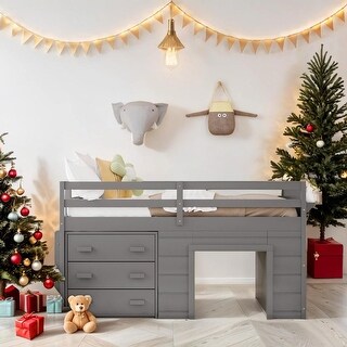 Twin Size Loft Bed with Cabinet and Shelf - Gray