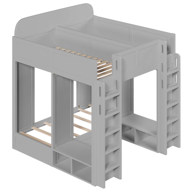 Roomfitters Triple Bunk Bed with Twin, Twin and Twin XL Beds, Storage Shelves and Hooks