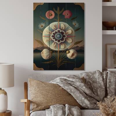 Designart 'Blossoming Geometric Flower Art III' Floral Wood Wall Art - Natural Pine Wood