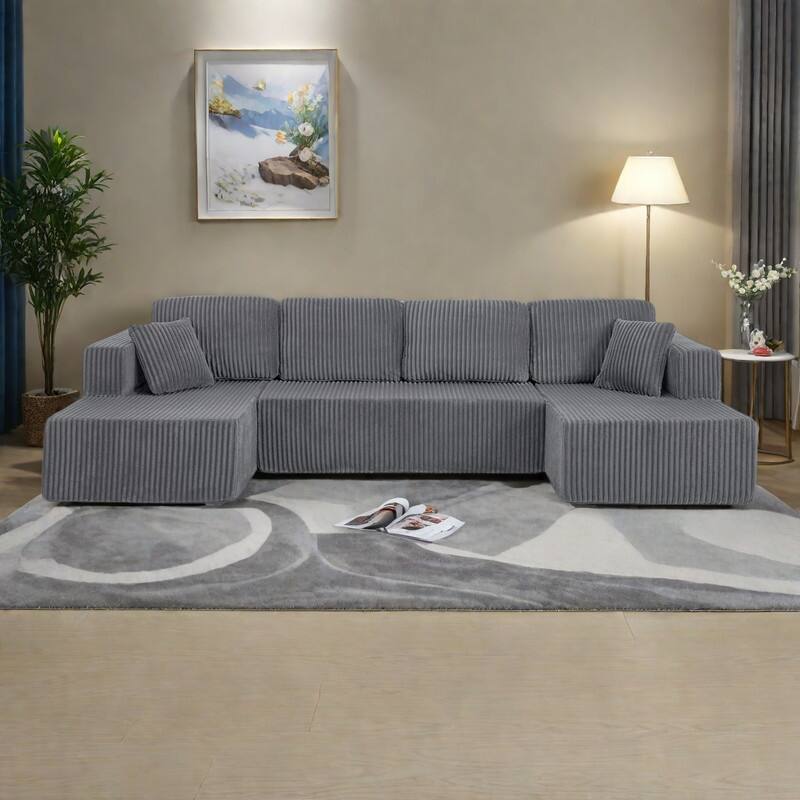 132.48" 5-Seat U-Shaped Modular Sectional Sofa with Sleeper Function, Corduroy Upholstery and No Assembly Required - Grey