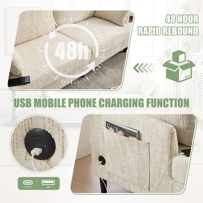 Modern Style Chenille 2-Seater Wood-Legged Sofa With Led Light,USB Charging Port And Storage Bag Living Room Bedroom Study Room