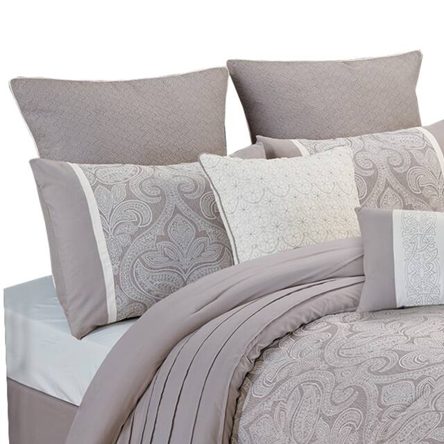 Queen Size 9 Piece Fabric Comforter Set with Medallion Prints, White