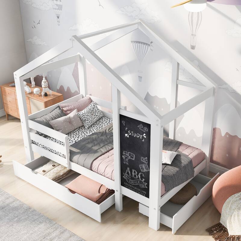Twin and Full Size House Shaped Platform Bed with Blackboard and Drawers, Two Assembly Options for Creative Kids Bedroom