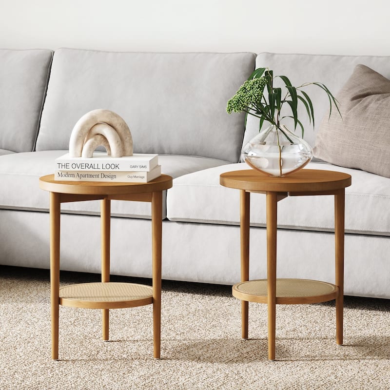 Nathan James Sonia Bohemian 2-Tier Round End Table in Light Wood With Rattan Storage Shelf