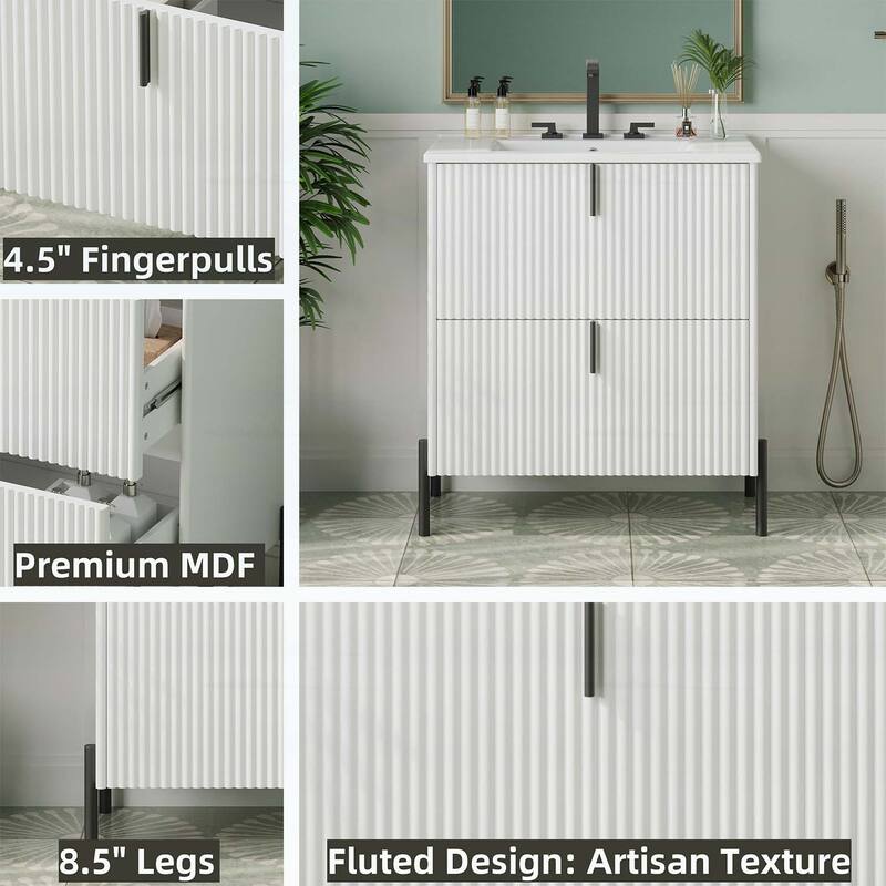 30-Inch Freestanding Bathroom Vanity with Ceramic Sink,Soft Close Drawers,and Fluted Design in Dark Brown