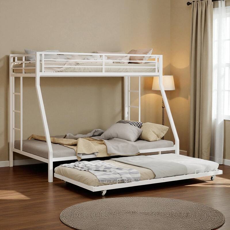Full Size Metal Bunk Bed with Ladder and Rolling Trundle, Square Tube Frame, Heavy-Duty Triple-Sleeper for Home or Dorm