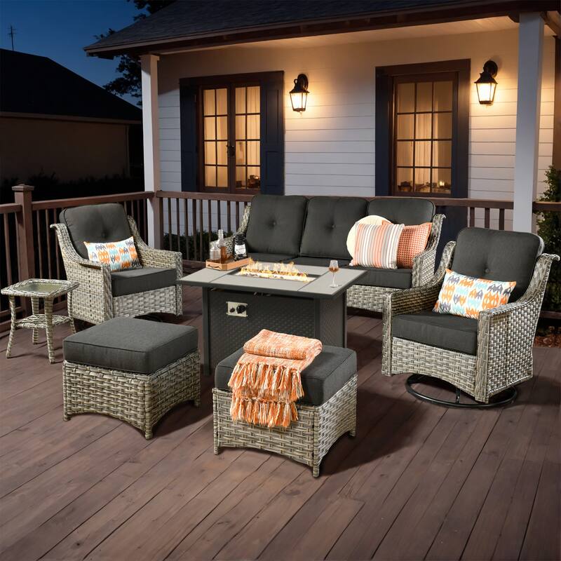 XIZZI 7-piece Patio Wicker Furniture High Back Chair Set with Firepit Table - Black