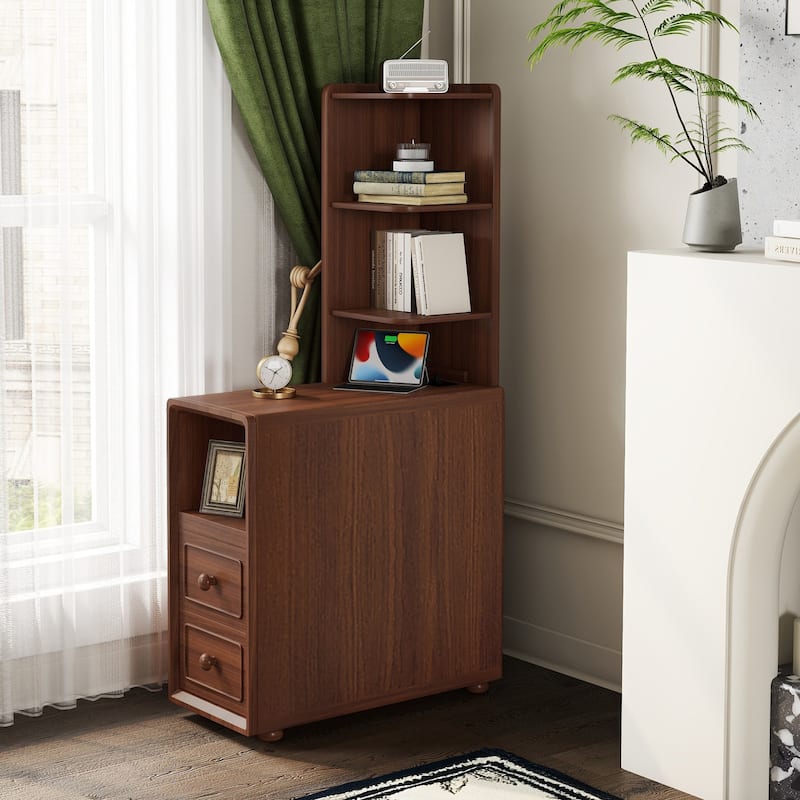 End Table with Drawers, Corner Table with Open Shelves, Tall Side Table for Bedroom and Corner - Walnut