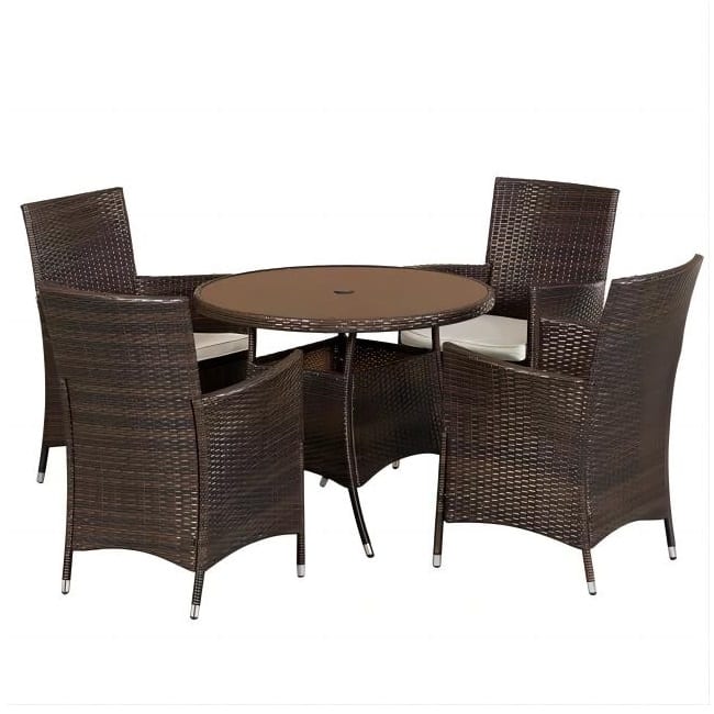 Suncrown Outdoor 5-piece Wicker Round Patio Dinning Table and Chairs with Cushions and Umbrella Hole