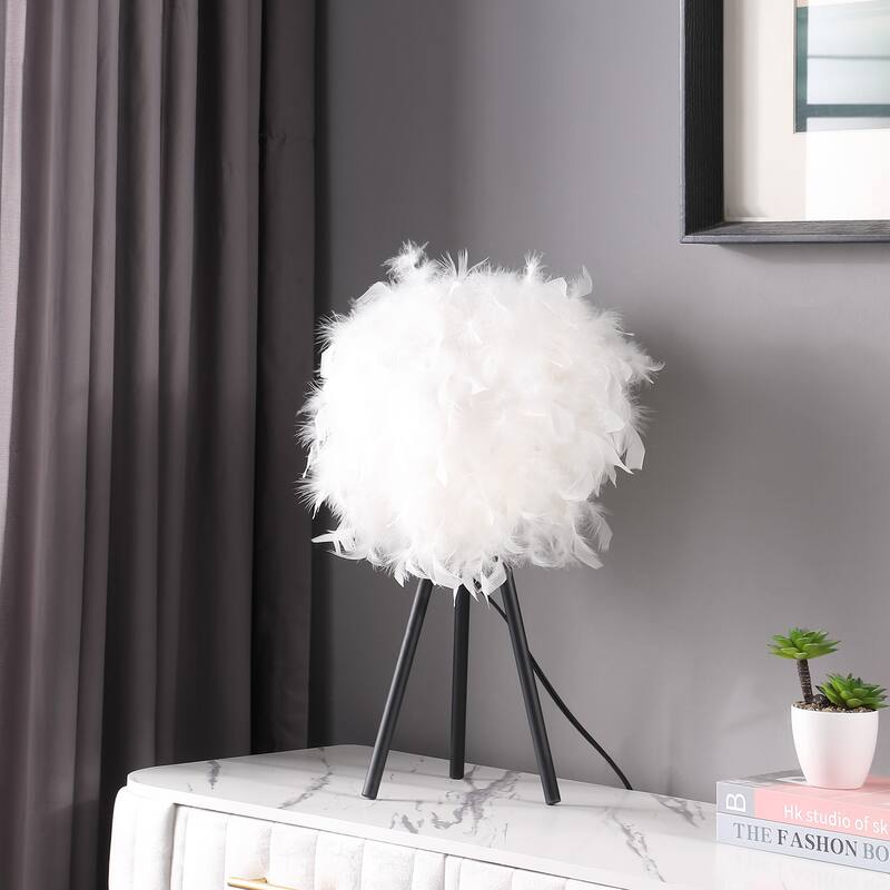Soft Feather Shade Modern Tripod Metal Table Lamp - White