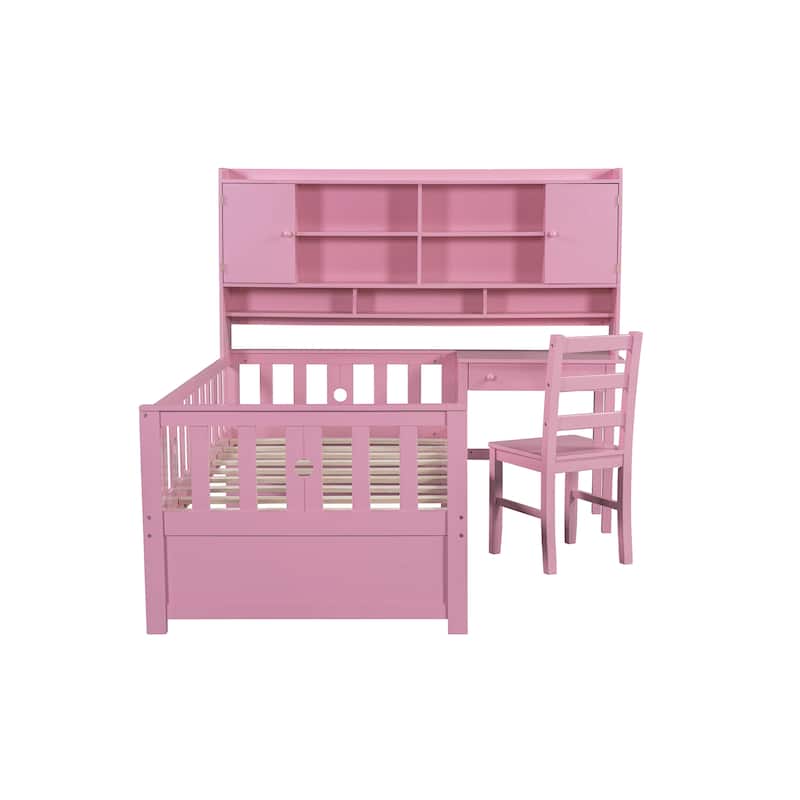 Twin Size Multifunctional Wood Platform Bed with Bookshelf at the Head of the Bed, Built-in Desk and Matching Chair, Pink