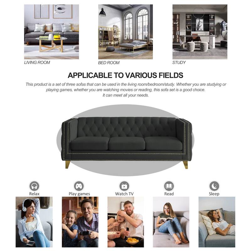 Classic Chesterfield Velvet Sofa, Tufted with Nailhead Trim, 3-Seater Couch with Metal Legs for Bedroom or Living Room