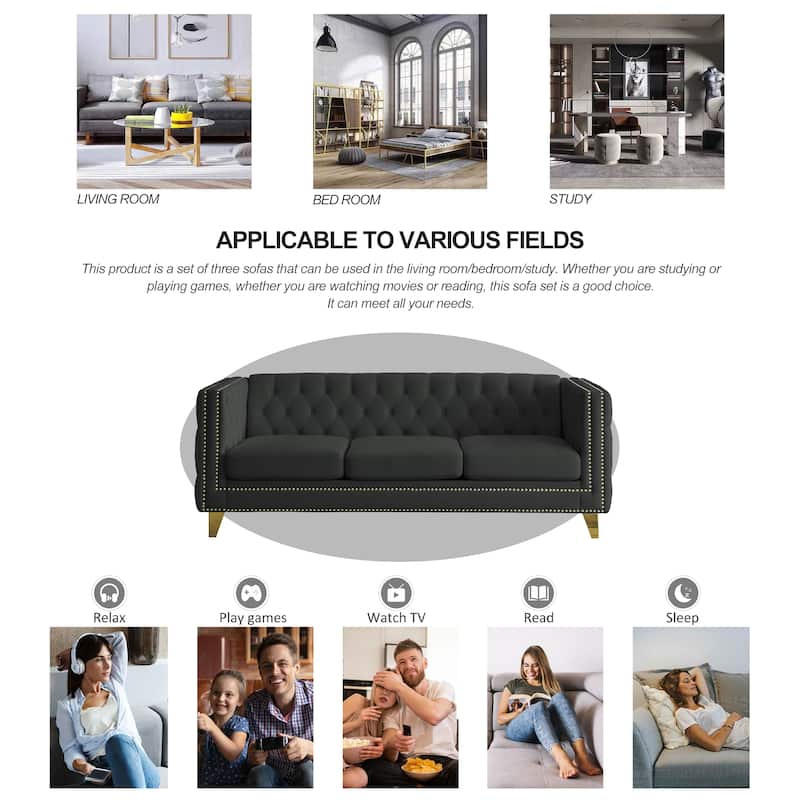 Elegant Velvet Chesterfield Sofa - 3-Seat Couch with Nailhead Trim