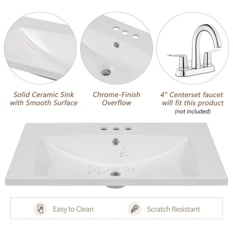 30'' Solid Wood Bathroom Vanity with Multifunctional Cabinet, Drawers, and Ceramic Sink