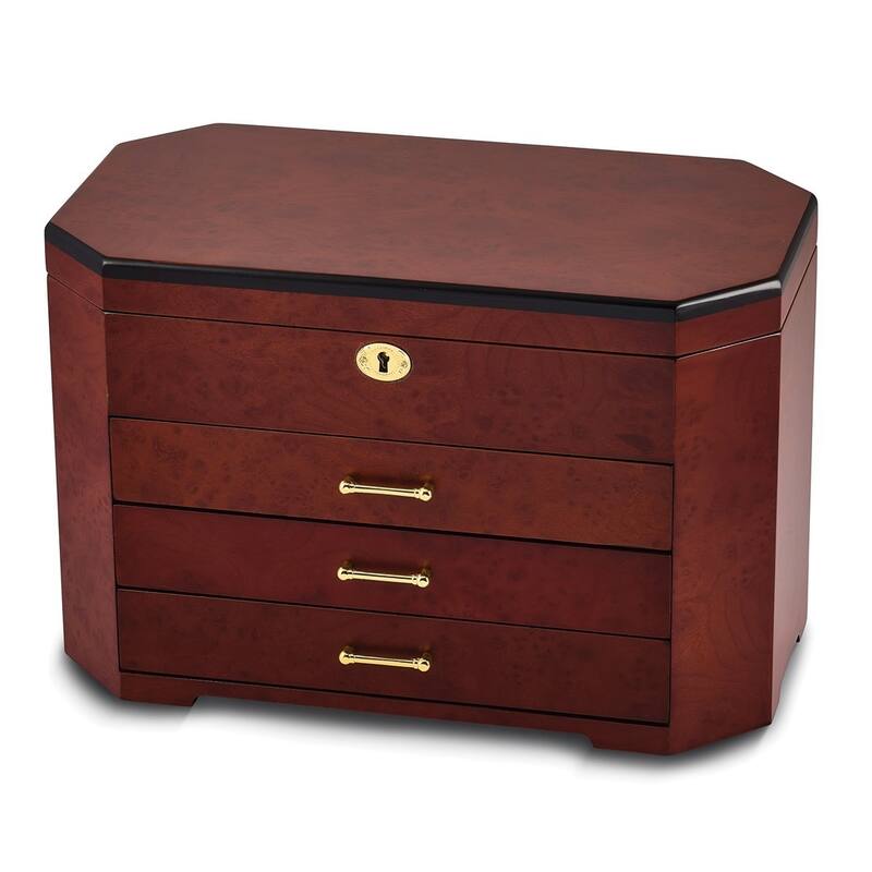 Curata Luxury Giftware High Gloss Burlwood Veneer with Black Accents 3-Drawer Locking Wooden Jewelry Box
